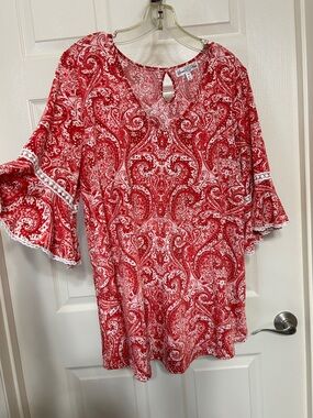Stem & Vine Red Paisley Bell Short Sleeve Tunic Relaxed Fit Festival Summer 1X
